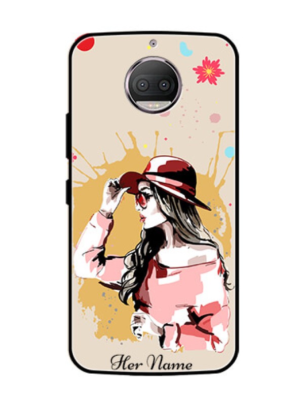Custom Moto G5s Plus Photo Printing on Glass Case - Women with pink hat Design