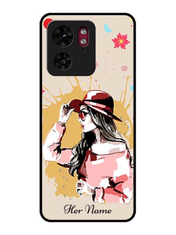 Custom Motorola Edge 40 Custom Glass Phone Case - Women With Pink Hat Design