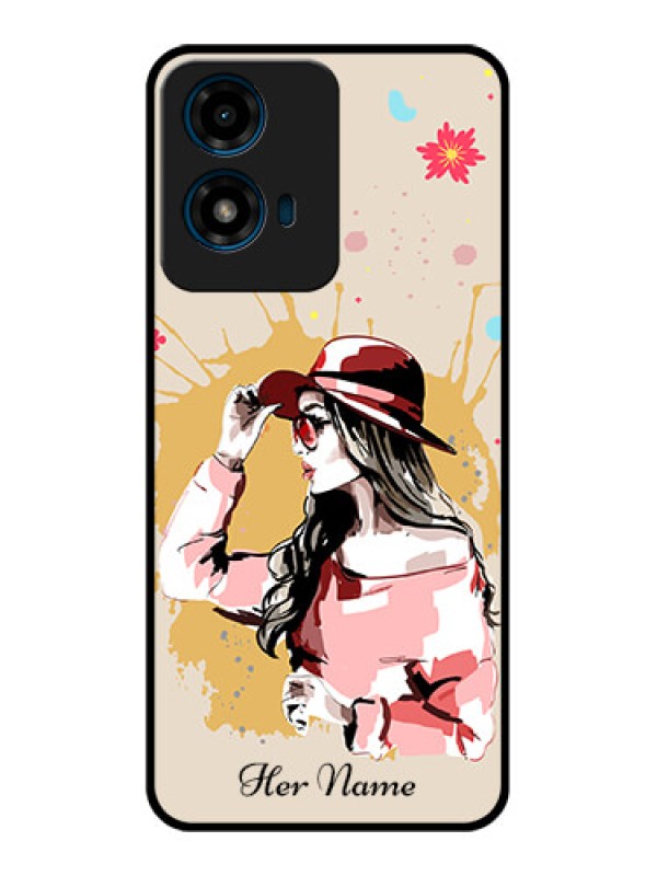 Custom Motorola G04 Custom Glass Phone CaseWomen With Pink Hat Design