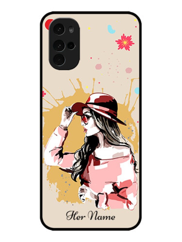 Custom Motorola Moto G22 Custom Glass Phone Case - Women With Pink Hat Design