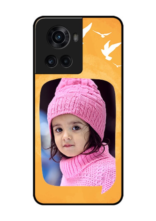 OnePlus 10R 5G Personalized Glass Phone Case - Water Color Design with Bird Icons