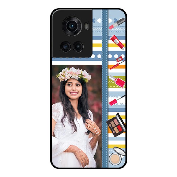 OnePlus 10R 5G Personalized Glass Phone Case - Makeup Icons Design