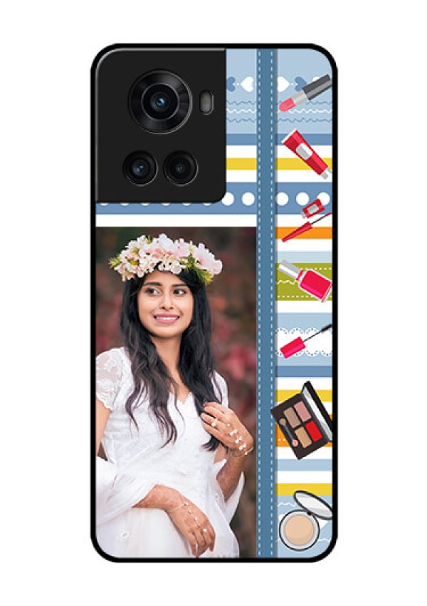 OnePlus 10R 5G Personalized Glass Phone Case - Makeup Icons Design