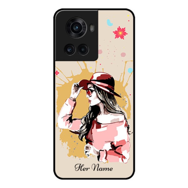OnePlus 10R 5G Photo Printing on Glass Case - Women with pink hat Design OnePlus 10R 5G Photo Printing on Glass Case - Women with pink hat Design