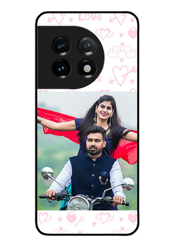 OnePlus 11 5G Custom Glass Mobile Case - Pink Flying Heart Design