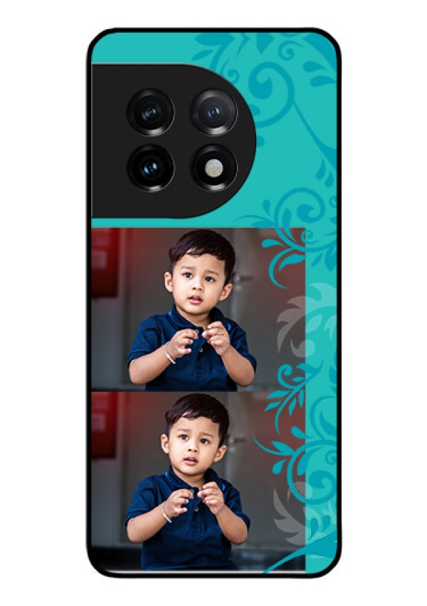 OnePlus 11 5G Personalized Glass Phone Case - with Photo and Green Floral Design