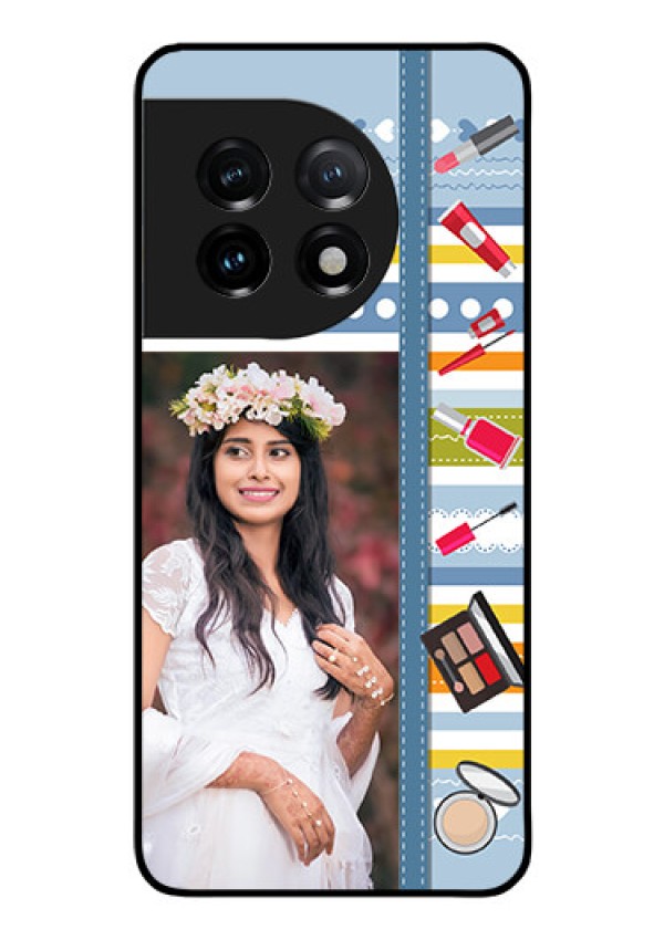 OnePlus 11 5G Personalized Glass Phone Case - Makeup Icons Design