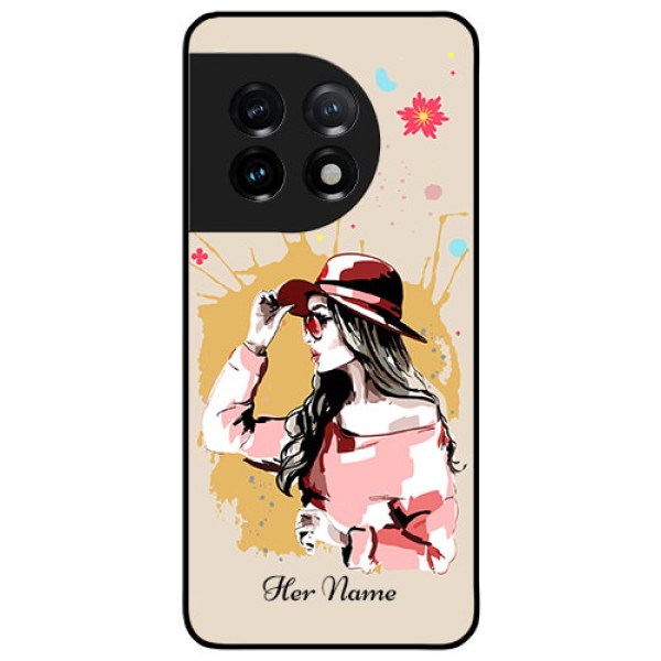 OnePlus 11 5G Photo Printing on Glass Case - Women with pink hat Design OnePlus 11 5G Photo Printing on Glass Case - Women with pink hat Design