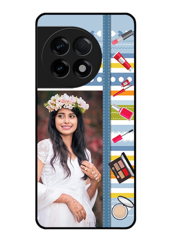 OnePlus 11R 5G Personalized Glass Phone Case - Makeup Icons Design