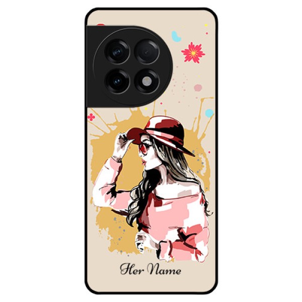 OnePlus 11R 5G Photo Printing on Glass Case - Women with pink hat Design OnePlus 11R 5G Photo Printing on Glass Case - Women with pink hat Design