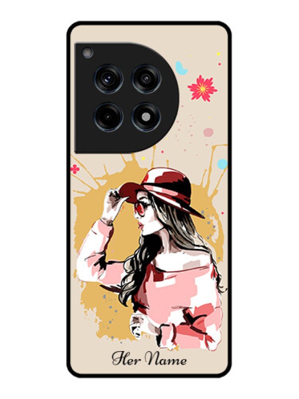 Custom Oneplus 12R 5G Custom Glass Phone Case - Women With Pink Hat Design