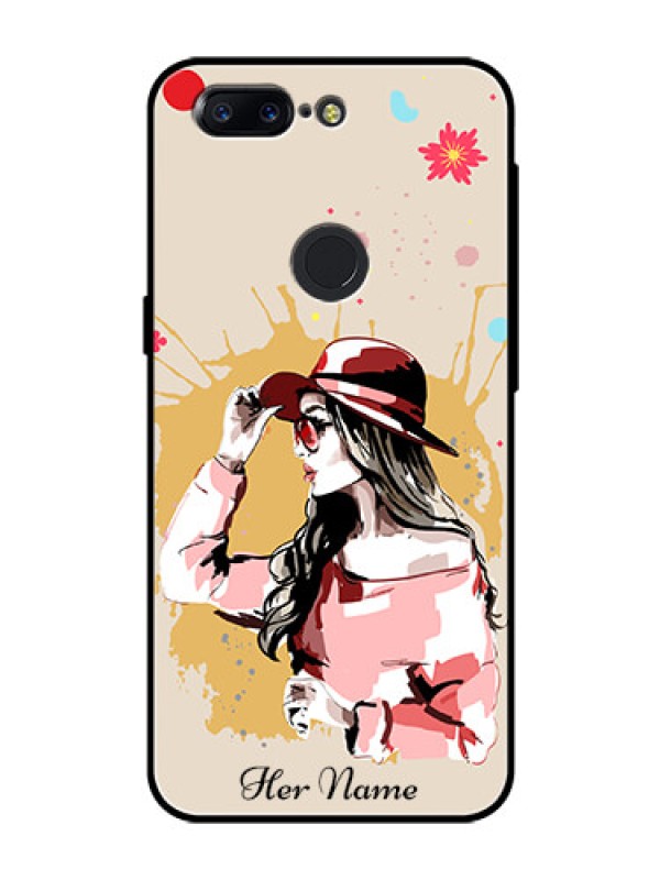 Custom OnePlus 5T Photo Printing on Glass Case - Women with pink hat Design
