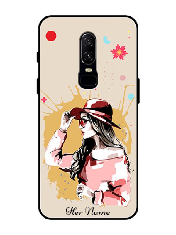 Custom OnePlus 6 Photo Printing on Glass Case - Women with pink hat Design