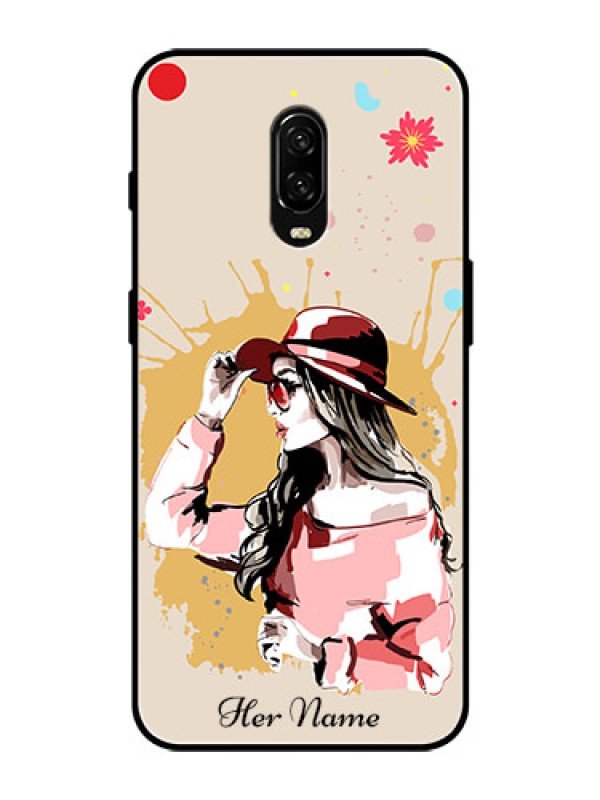 Custom OnePlus 6T Photo Printing on Glass Case - Women with pink hat Design