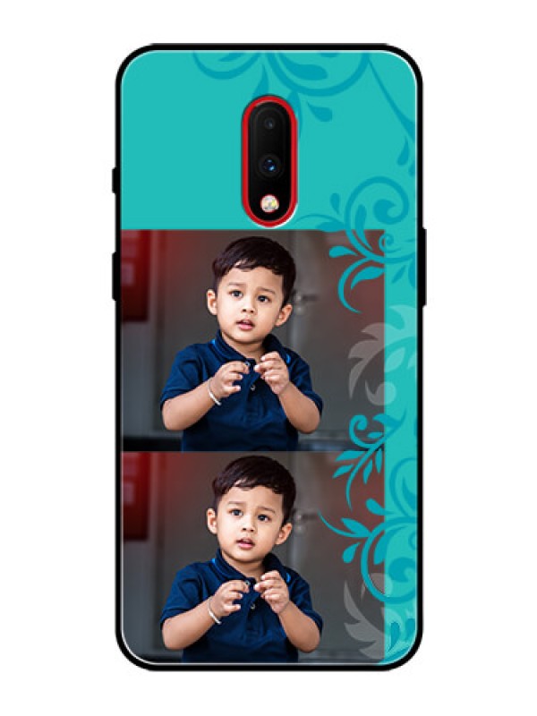 Custom OnePlus 7 Personalized Glass Phone Case  - with Photo and Green Floral Design 
