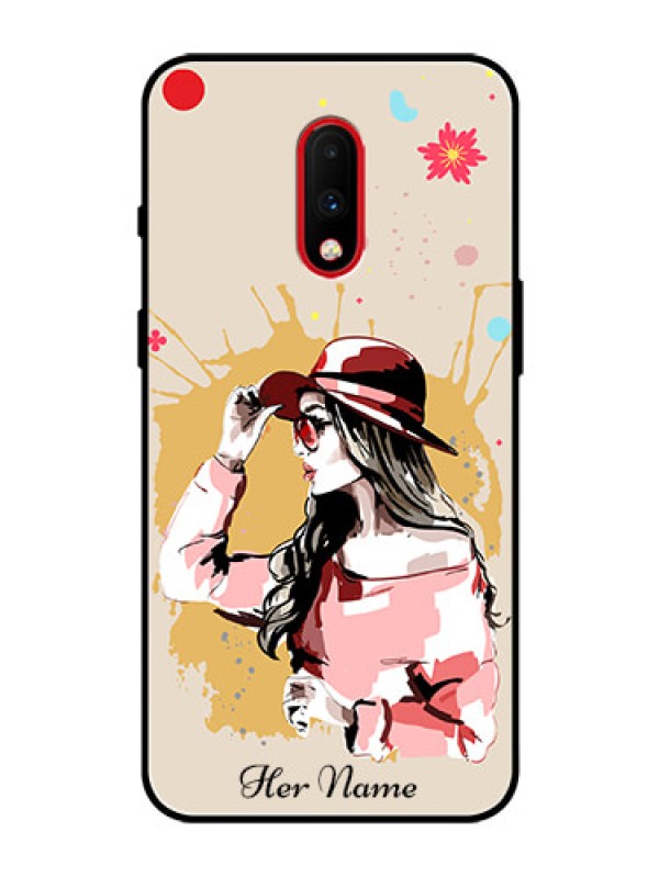 Custom OnePlus 7 Photo Printing on Glass Case - Women with pink hat Design