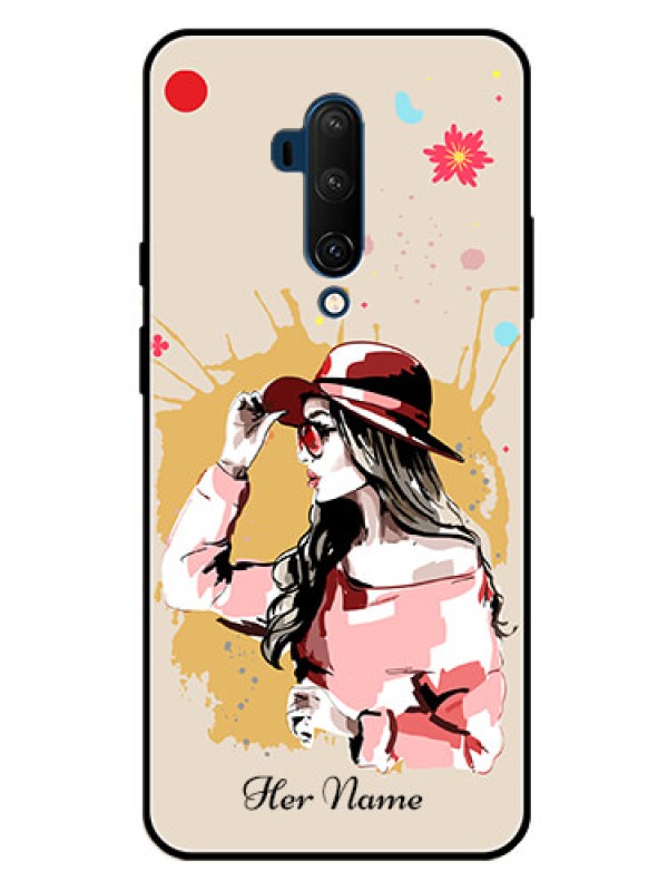 Custom OnePlus 7T Pro Photo Printing on Glass Case - Women with pink hat Design