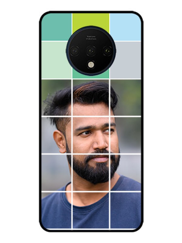 Custom OnePlus 7T Photo Printing on Glass Case  - with white box pattern 