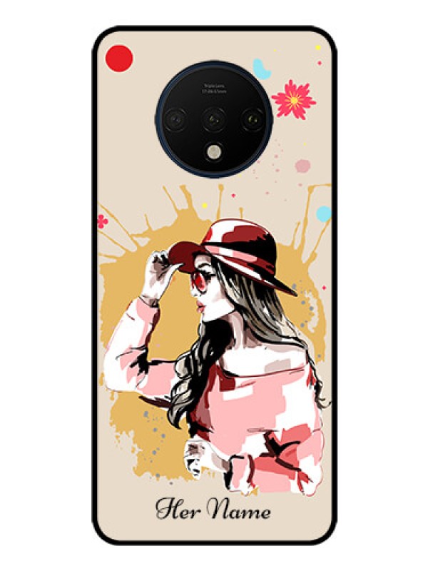 Custom OnePlus 7T Photo Printing on Glass Case - Women with pink hat Design