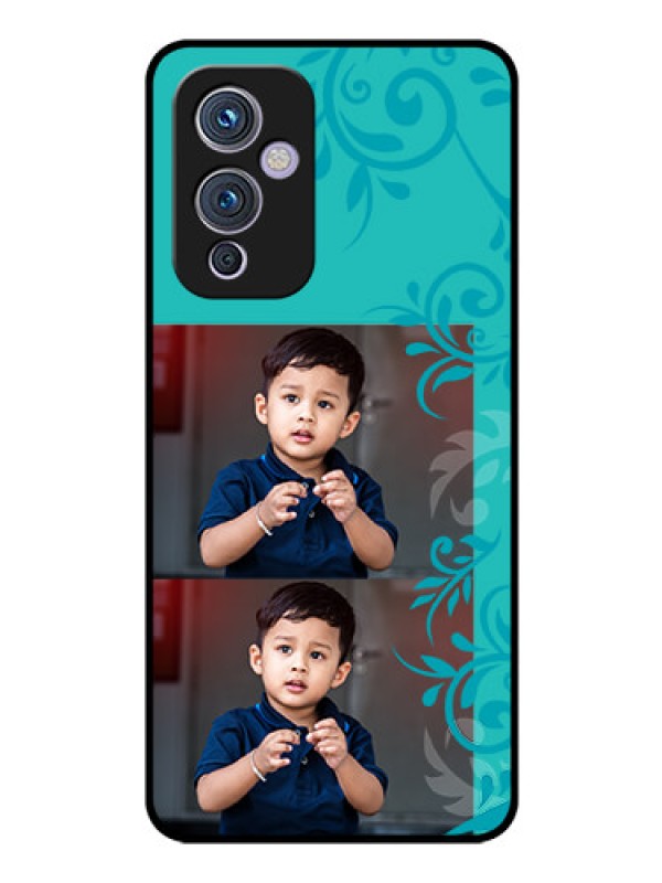 Custom Oneplus 9 5G Personalized Glass Phone Case - with Photo and Green Floral Design 