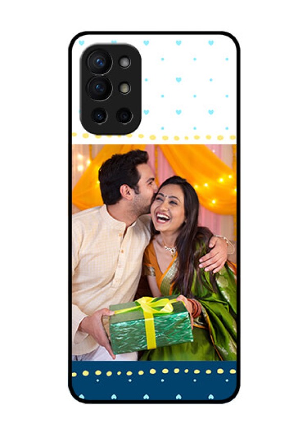 Oneplus 9R 5G Personalized Glass Phone Case - White and Blue Abstract Design