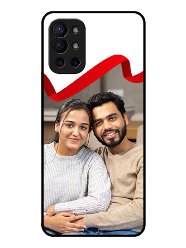 Custom Oneplus 9R 5G Photo Printing on Glass Case - Red Ribbon Frame Design