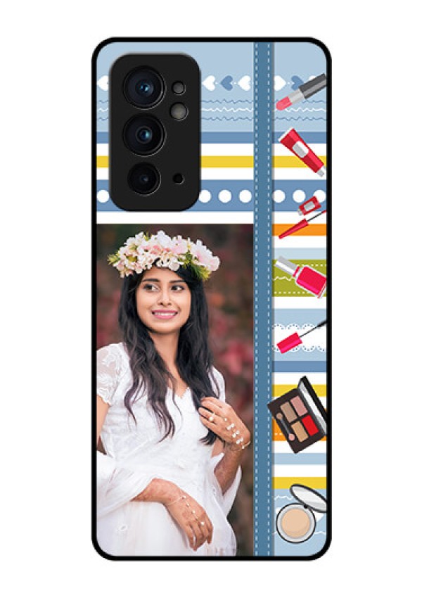OnePlus 9RT 5G Personalized Glass Phone Case - Makeup Icons Design