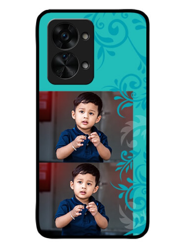 Custom OnePlus Nord 2T 5G Personalized Glass Phone Case - with Photo and Green Floral Design