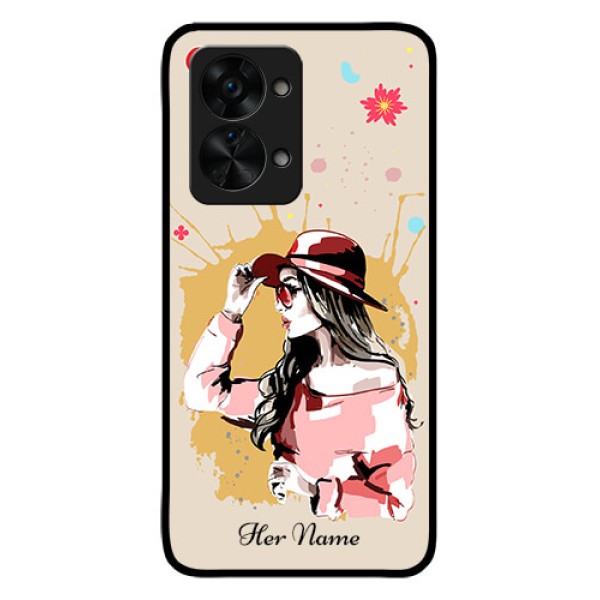 OnePlus Nord 2T 5G Photo Printing on Glass Case - Women with pink hat Design OnePlus Nord 2T 5G Photo Printing on Glass Case - Women with pink hat Design