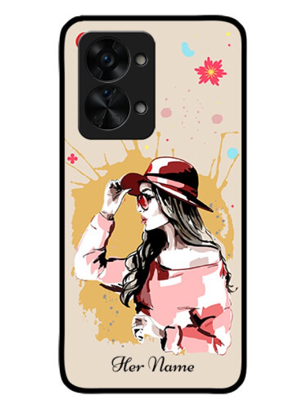 Custom OnePlus Nord 2T 5G Photo Printing on Glass Case - Women with pink hat Design