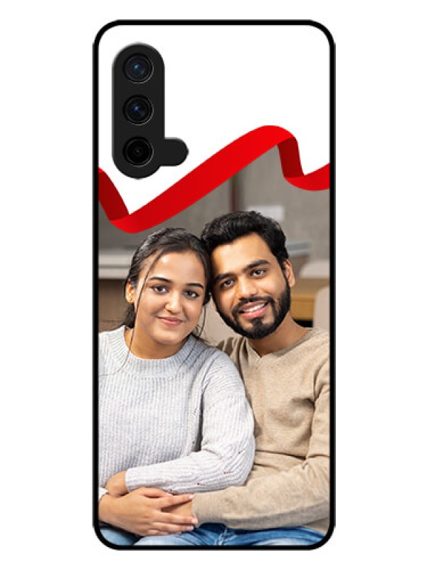Custom Oneplus Nord CE 5G Photo Printing on Glass Case  - Red Ribbon Frame Design