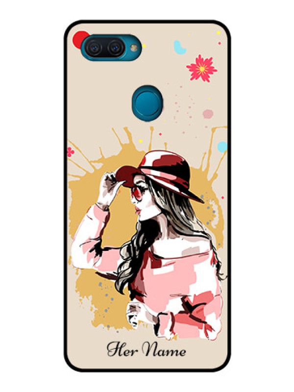 Custom Oppo A12 Photo Printing on Glass Case - Women with pink hat Design