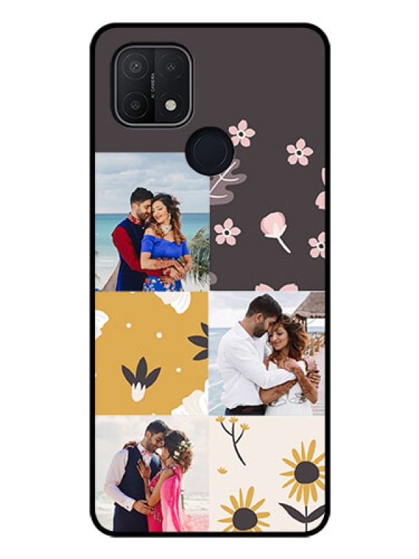 Custom Oppo A15 Photo Printing on Glass Case - 3 Images with Floral Design