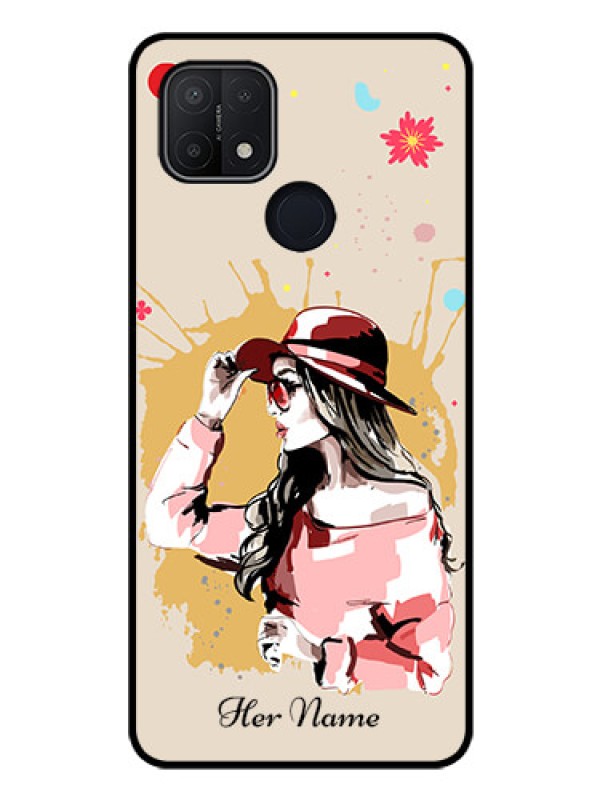 Custom Oppo A15 Photo Printing on Glass Case - Women with pink hat Design