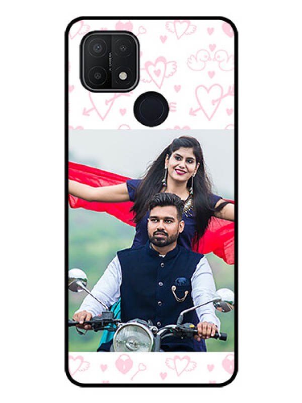 Custom Oppo A15s Custom Glass Mobile Case - Pink Flying Heart Design