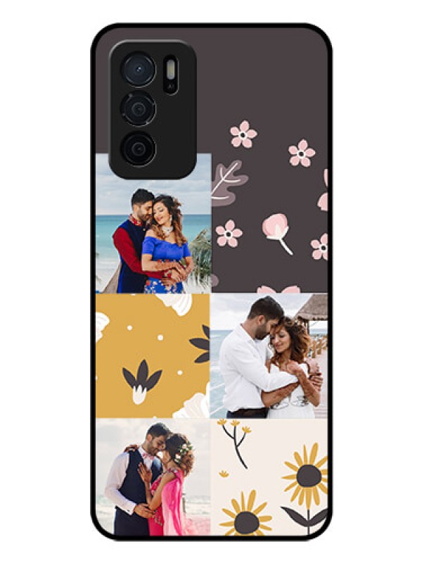 Custom Oppo A16 Photo Printing on Glass Case - 3 Images with Floral Design