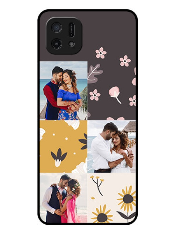 Custom Oppo A16e Photo Printing on Glass Case - 3 Images with Floral Design