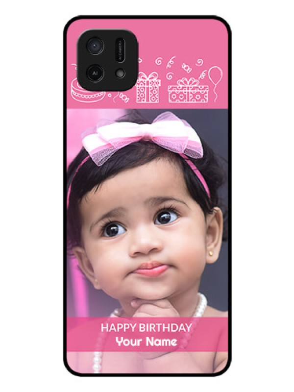 Custom Oppo A16e Photo Printing on Glass Case - with Birthday Line Art Design