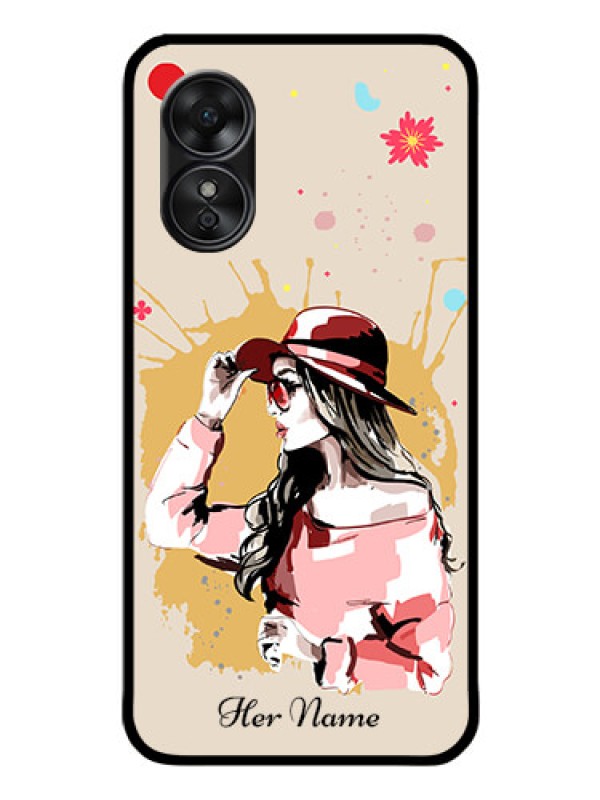Custom Oppo A17 Photo Printing on Glass Case - Women with pink hat Design