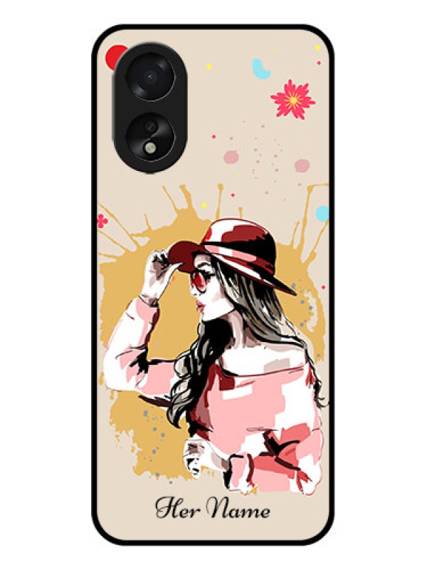 Custom Oppo A18 Custom Glass Phone Case - Women With Pink Hat Design
