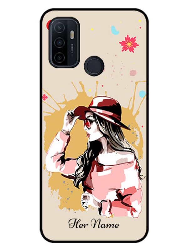 Custom Oppo A33 2020 Photo Printing on Glass Case - Women with pink hat Design