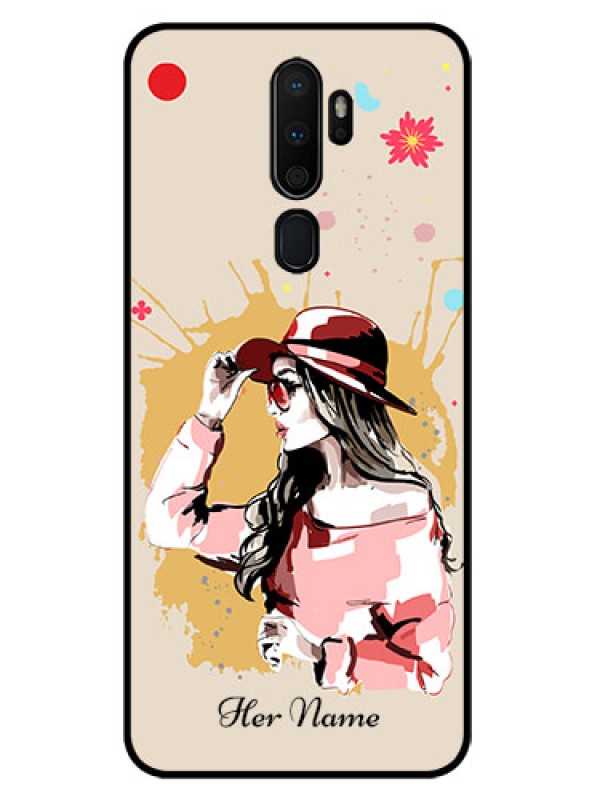 Custom Oppo A5 2020 Photo Printing on Glass Case - Women with pink hat Design