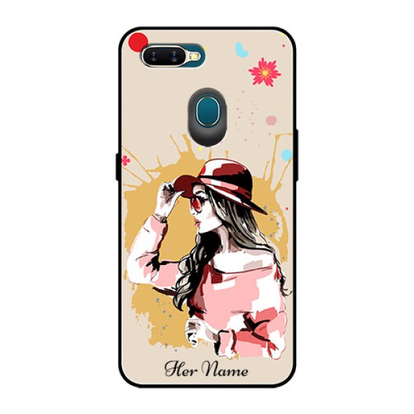 Oppo A7 Photo Printing on Glass Case - Women with pink hat Design Oppo A7 Photo Printing on Glass Case - Women with pink hat Design