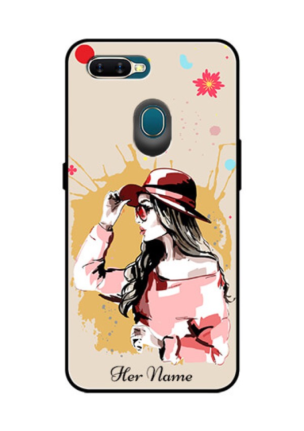 Oppo A7 Photo Printing on Glass Case - Women with pink hat Design