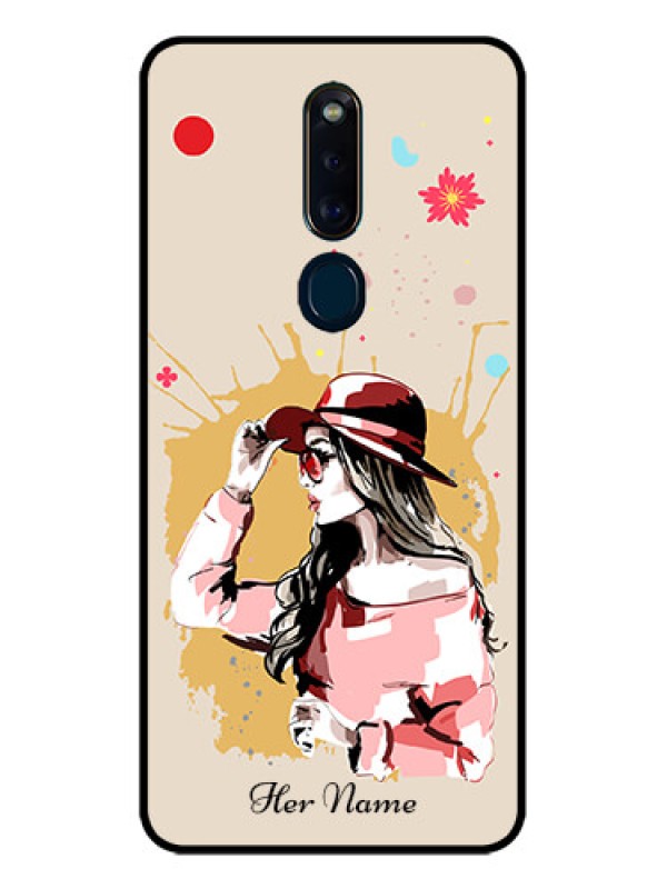 Custom Oppo F11 Pro Photo Printing on Glass Case - Women with pink hat Design