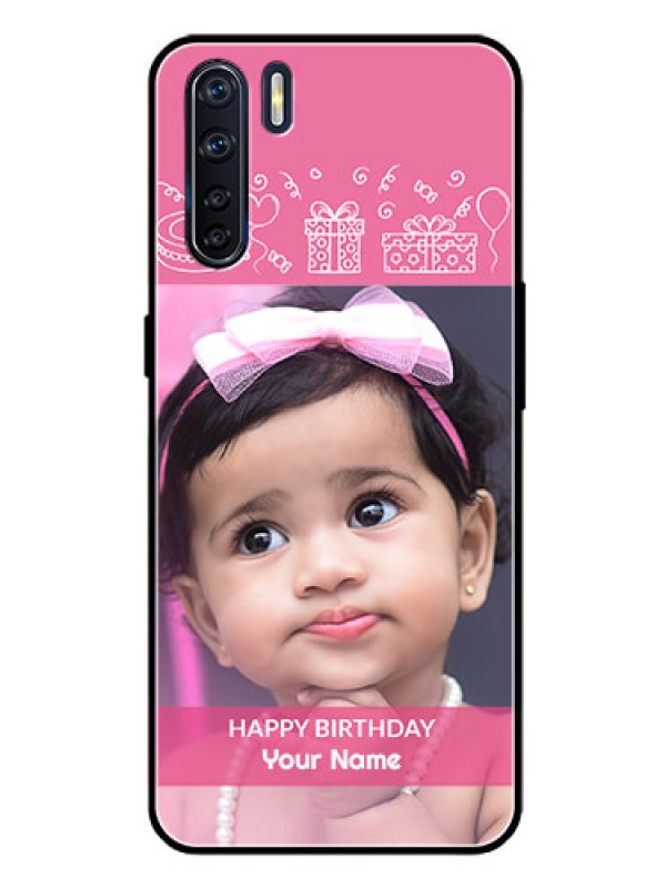 Custom Oppo F15 Photo Printing on Glass Case  - with Birthday Line Art Design