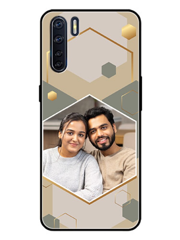 Custom Oppo F15 Photo Printing on Glass Case - Stylish Hexagon Pattern Design