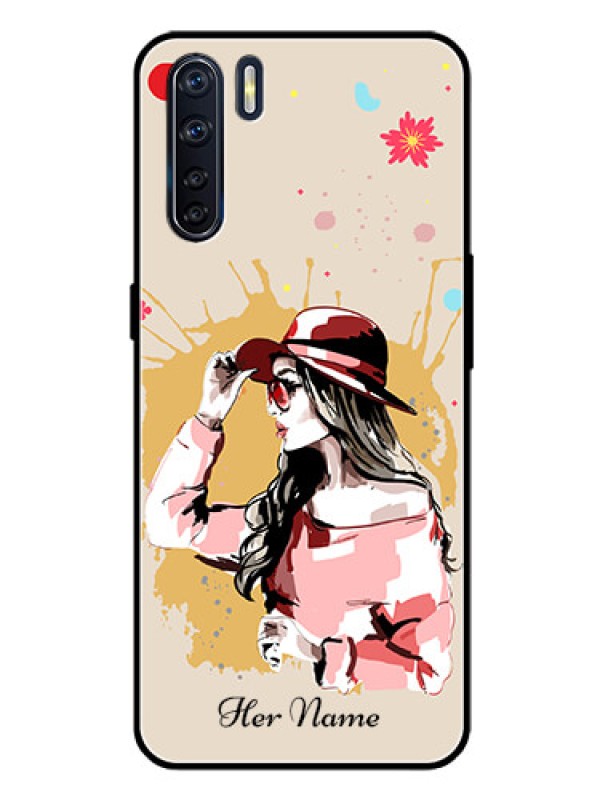 Custom Oppo F15 Photo Printing on Glass Case - Women with pink hat Design