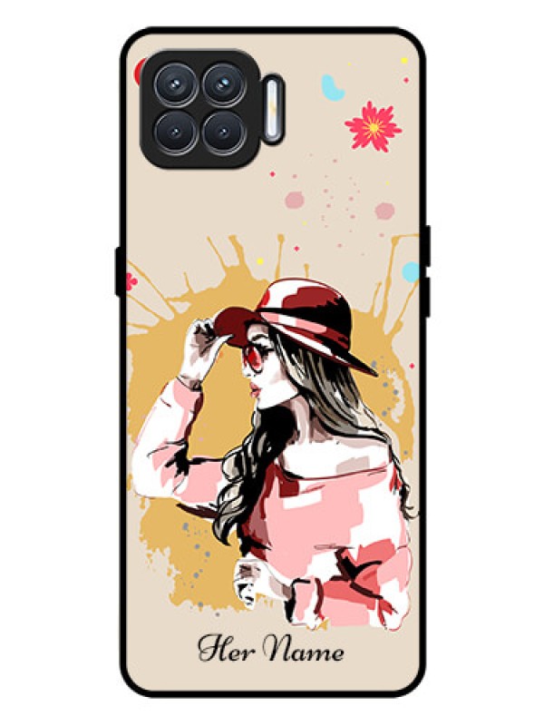Custom Oppo F17 Photo Printing on Glass Case - Women with pink hat Design
