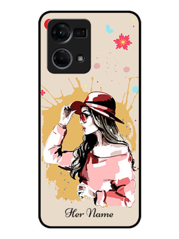Custom Oppo F21 Pro Photo Printing on Glass Case - Women with pink hat Design